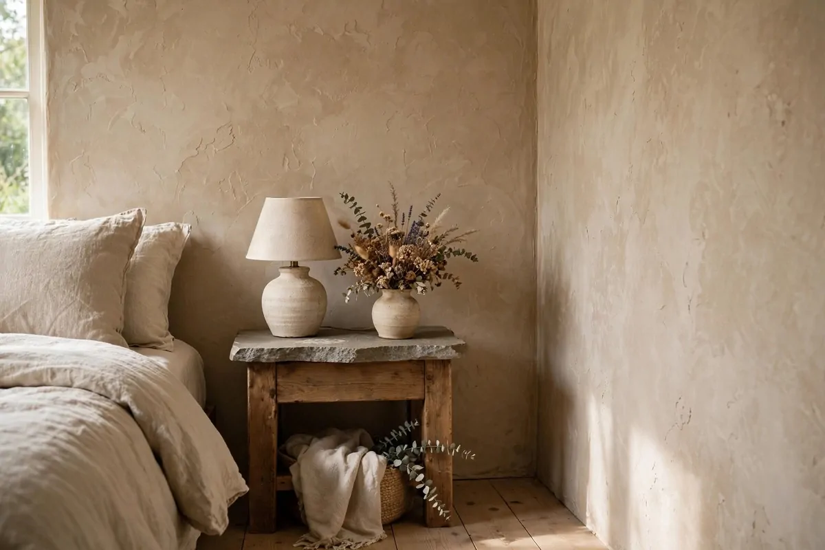 22 Earthy Cottage Home Decor Touches With Natural Charm 18 Cottage bedroom corner with a hand troweled plaster accent wall in warm sand tones and a stone topped nightstand