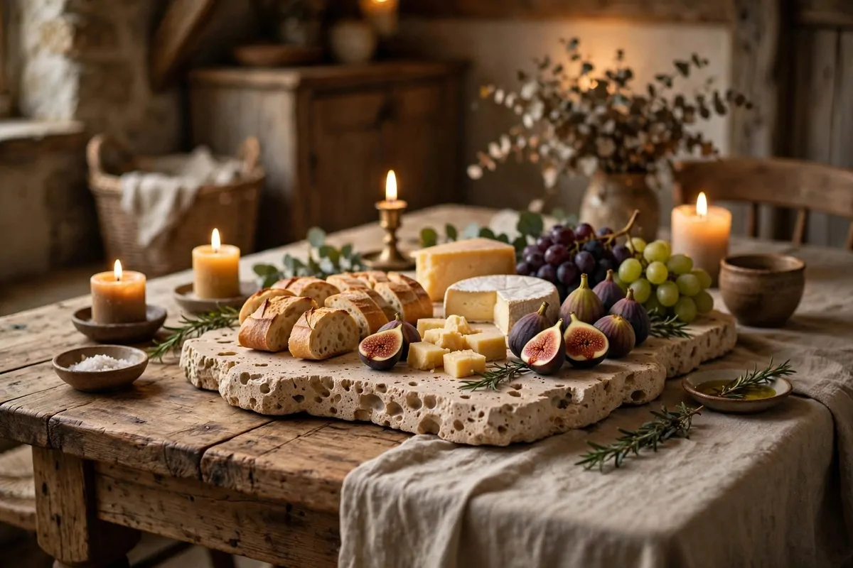 22 Earthy Cottage Home Decor Touches With Natural Charm 19 Travertine stone serving board with bread, cheese, figs and grapes as a centerpiece on a rustic cottage table