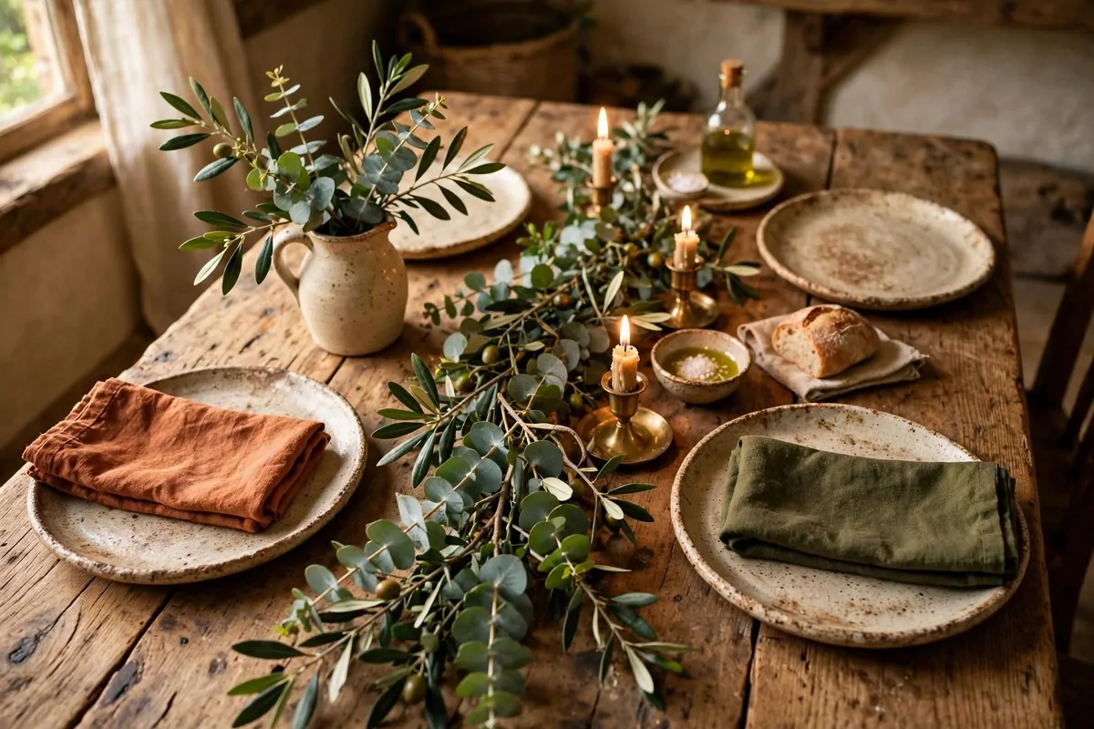 22 Earthy Cottage Home Decor Touches With Natural Charm 20 Cottage dining table with stoneware plates, rust and olive linen napkins and a eucalyptus and olive branch runner
