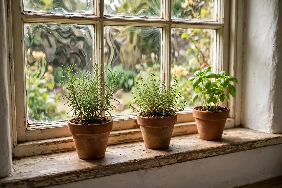22 Earthy Cottage Home Decor Touches With Natural Charm 21 Sunny cottage kitchen windowsill lined with small terracotta pots of fresh herbs in the morning light