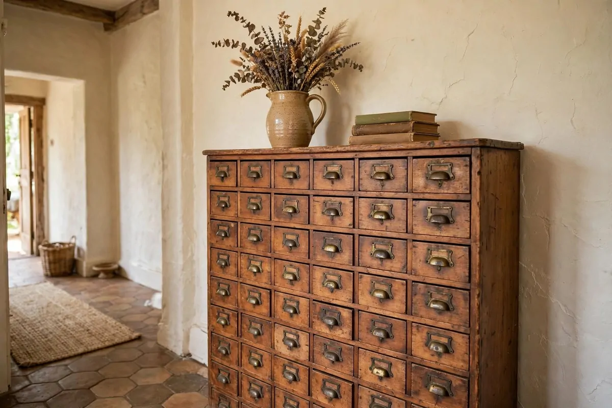 22 Earthy Cottage Home Decor Touches With Natural Charm 22 Vintage wooden apothecary cabinet with small drawers and brass pulls styled with a stoneware pitcher in a cottage hallway