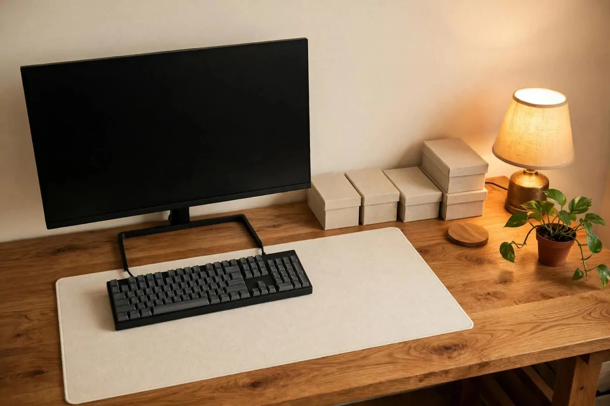 Plush beige rug under a gaming chair and desk in a warm cozy corner