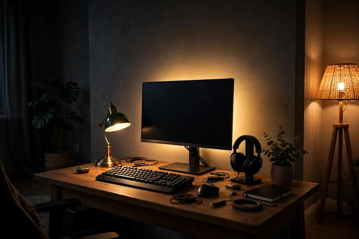 Comfortable fabric office chair in a light color in a cozy gaming corner