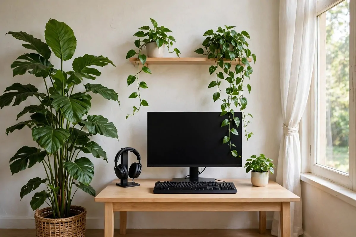Small green plant on a gaming desk beside a monitor adding life to the setup