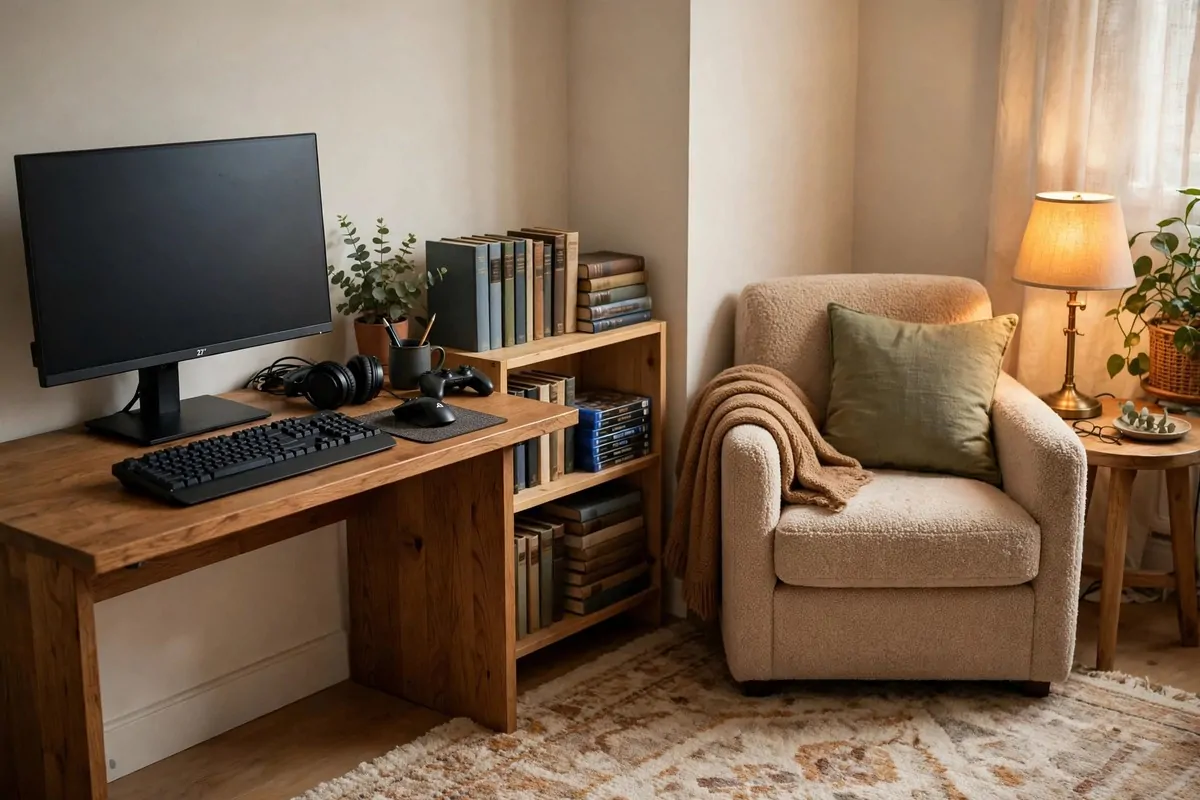 Monitor with warm LED backlight glowing softly on the wall behind the desk