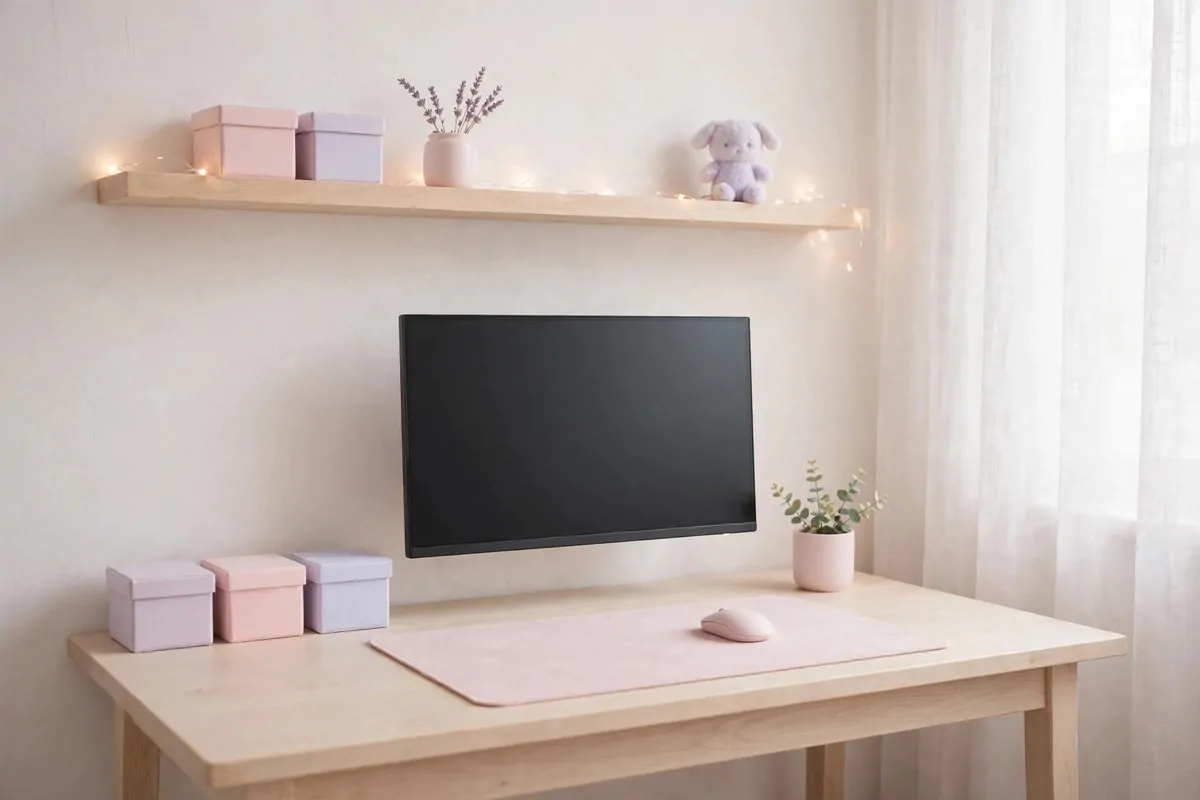 Floating shelves above a gaming desk with neat collectibles and small plants