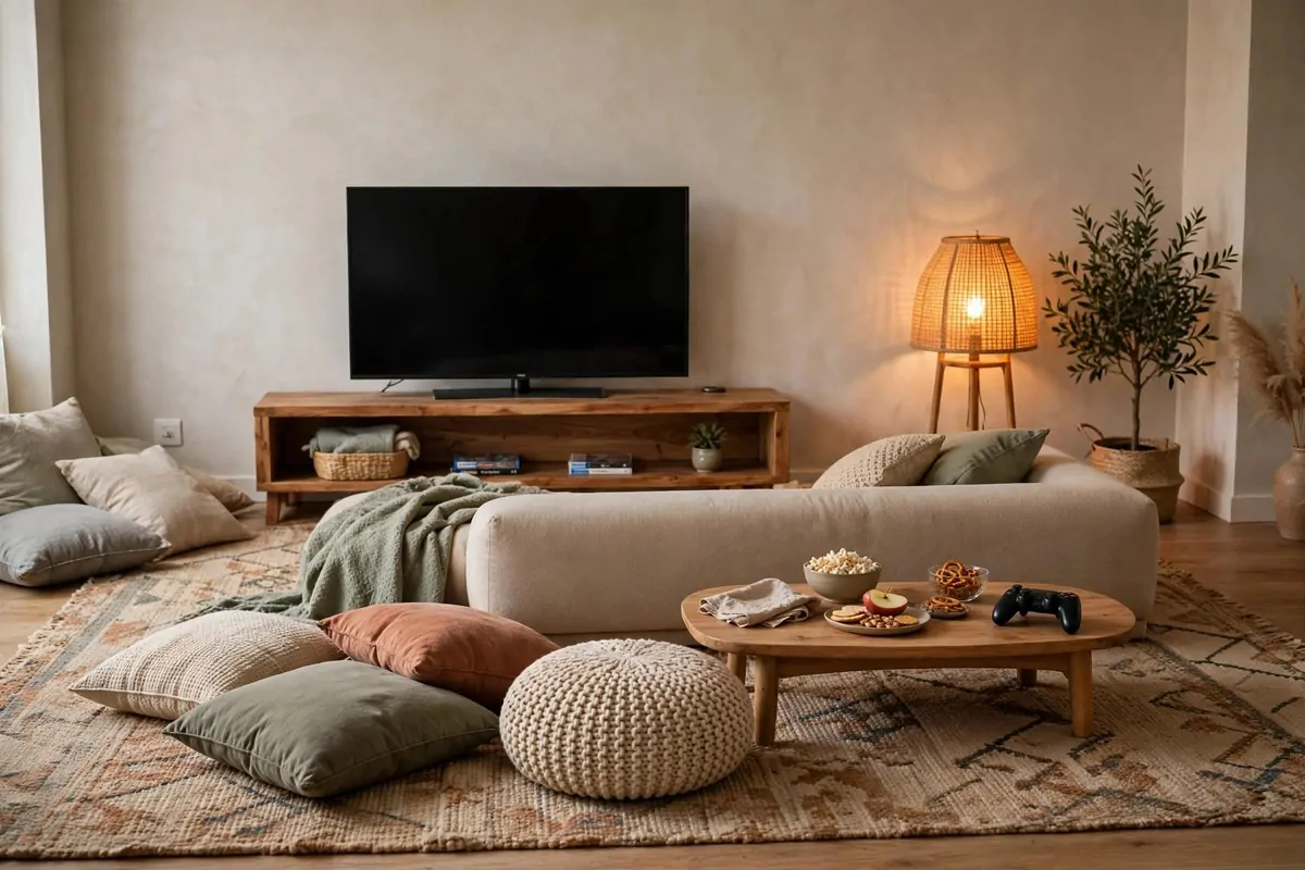 Soft knit throw blanket draped over a gaming chair in a cozy corner