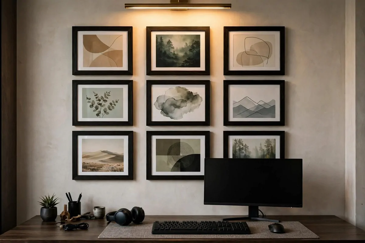 Monitor on a slim adjustable arm above a clear wooden desk surface