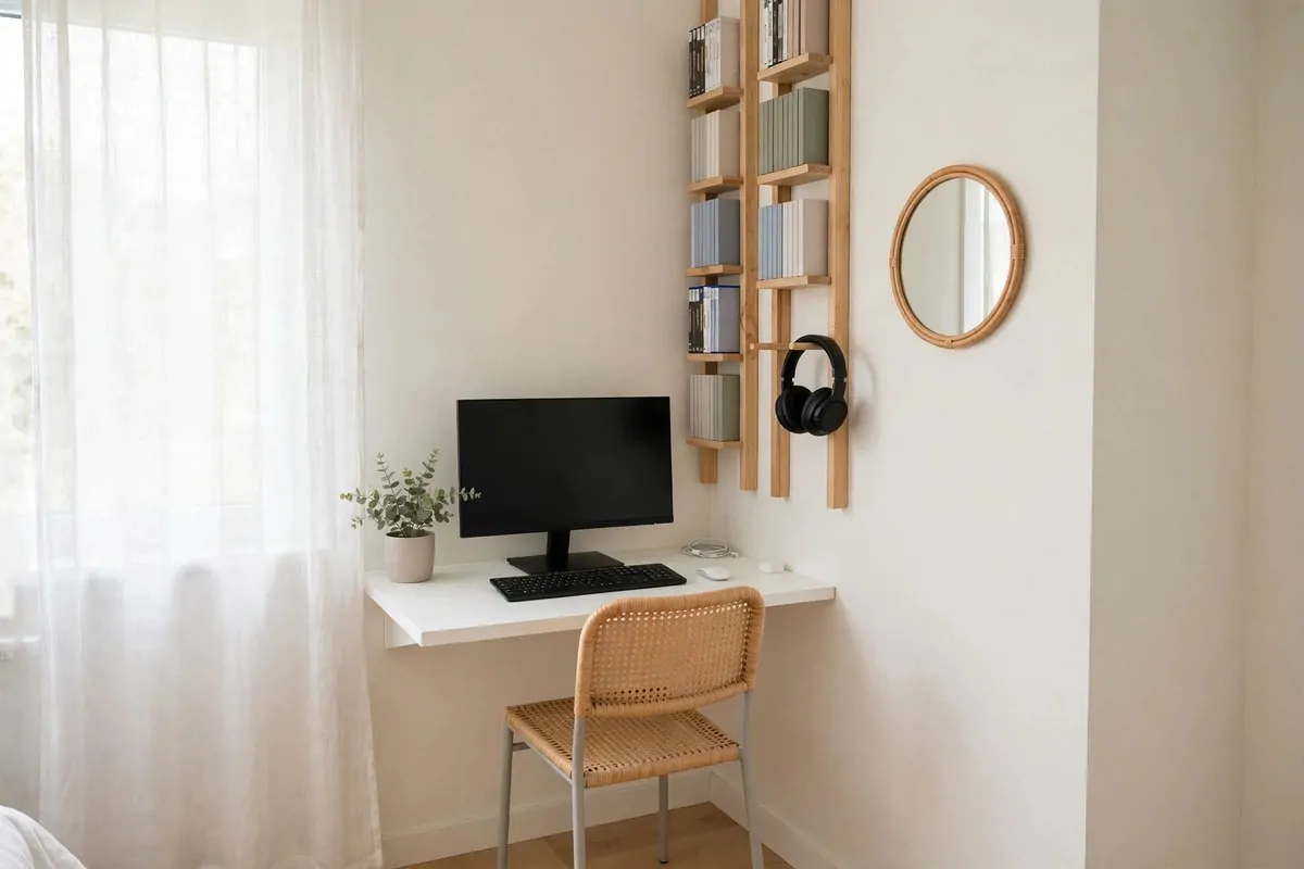 Framed warm-toned art prints on the wall beside a gaming setup