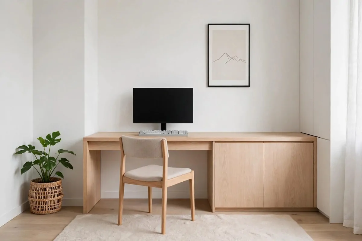 Headphones on a wooden stand beside a monitor in a tidy gaming setup