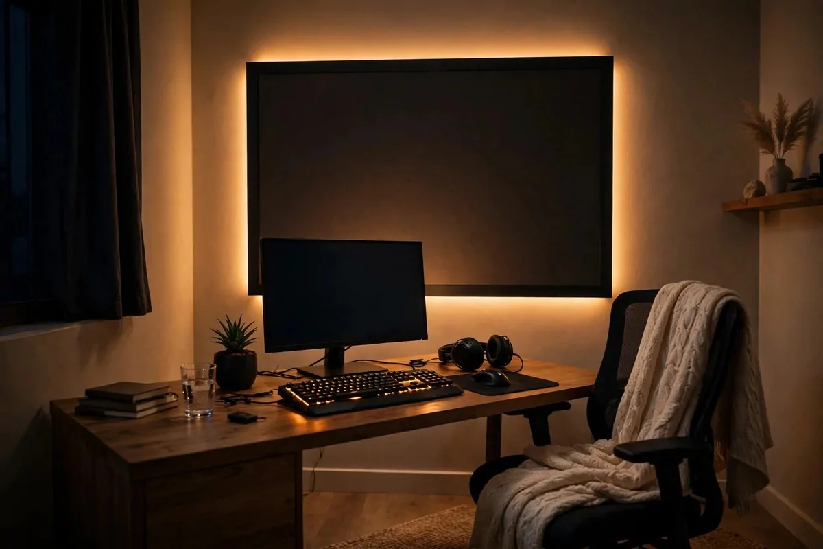 Warm floor lamp glowing in the corner behind a gaming chair