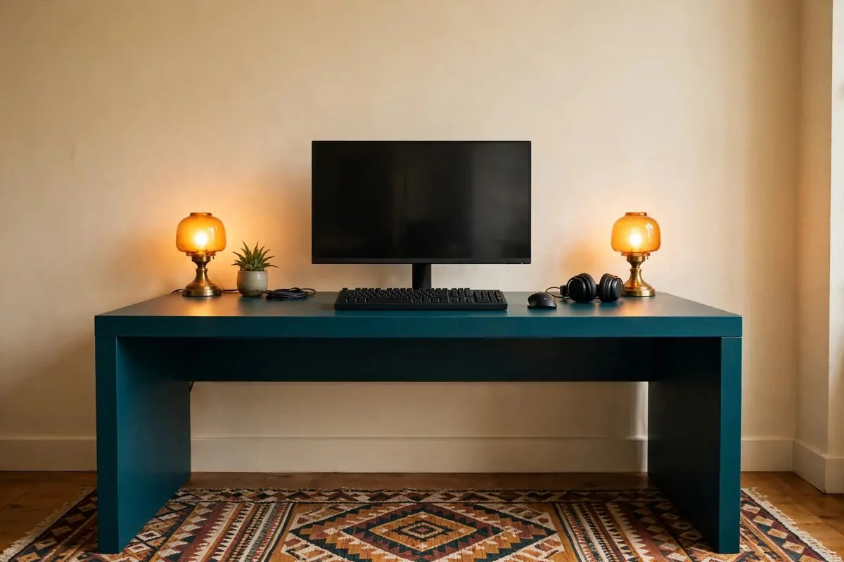 Small bookshelf beside a gaming desk with neatly arranged books and games