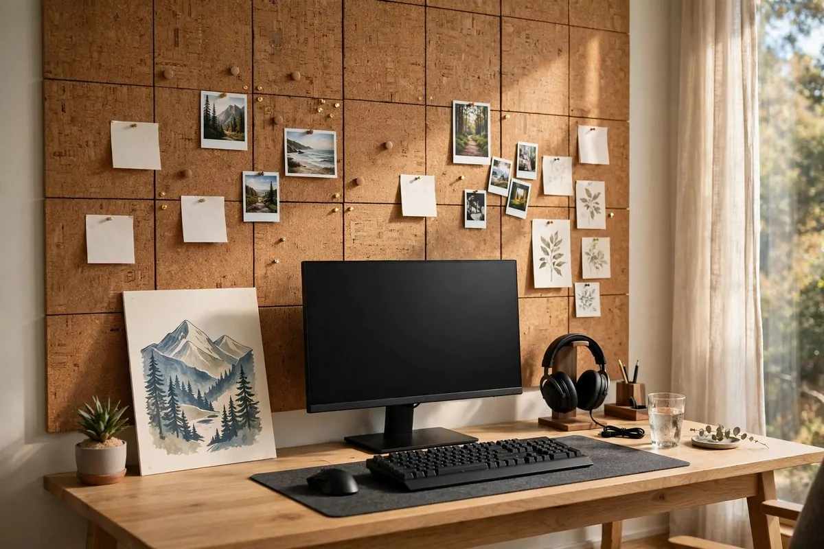 Gaming setup in warm beige and cream tones with matching accessories
