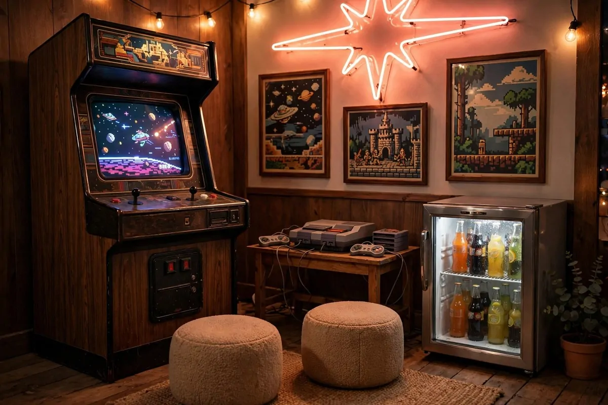 Gaming desk tucked into a cozy alcove nook with warm lighting
