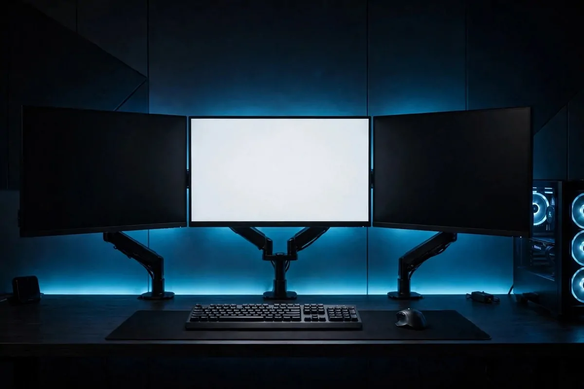 Tidy gaming desk on a weekend morning with sunlight and a fresh plant
