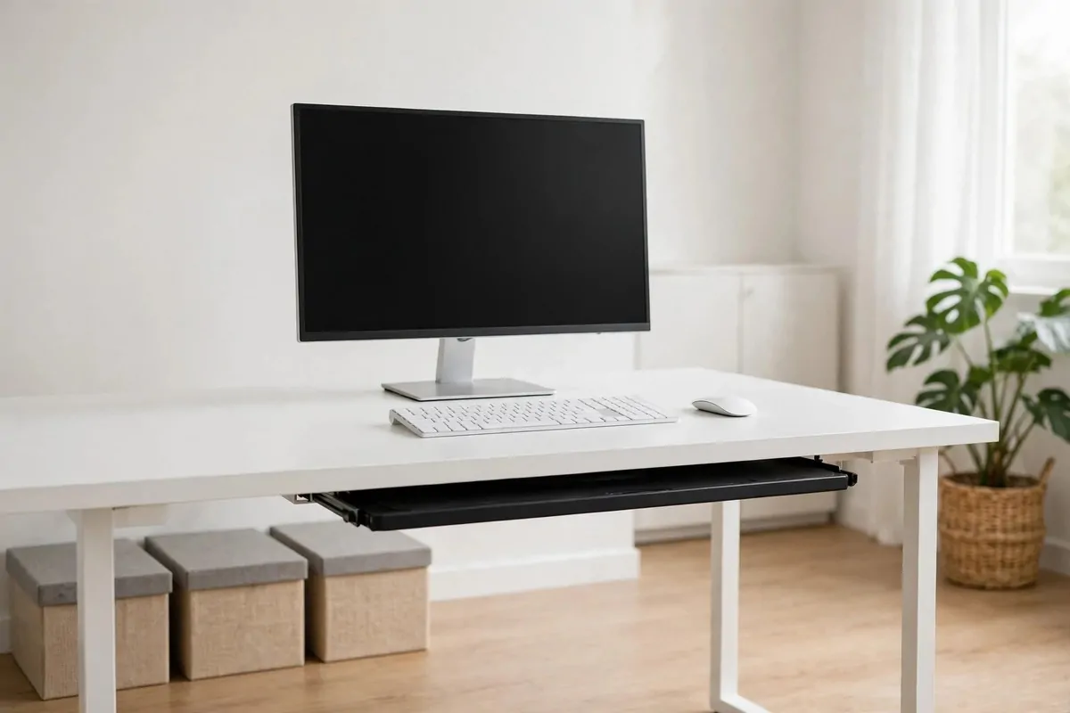 Immaculate gaming desk with hidden cables, clean surfaces, and tidy storage