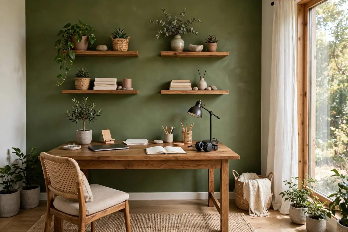22 Green Office Ideas for a Fresh, Calming Workspace 1 Moss green accent wall home office with wooden desk