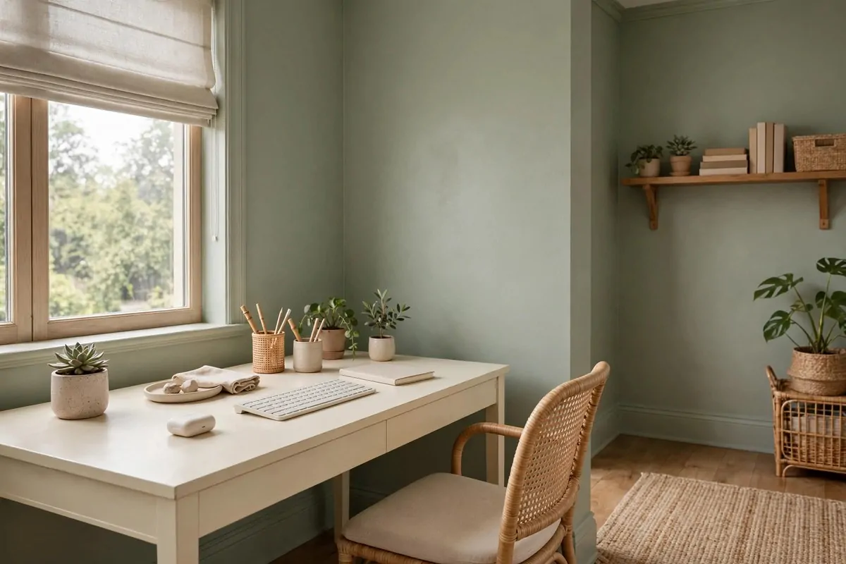 22 Green Office Ideas for a Fresh, Calming Workspace 2 Office with soft sage green walls and cream desk