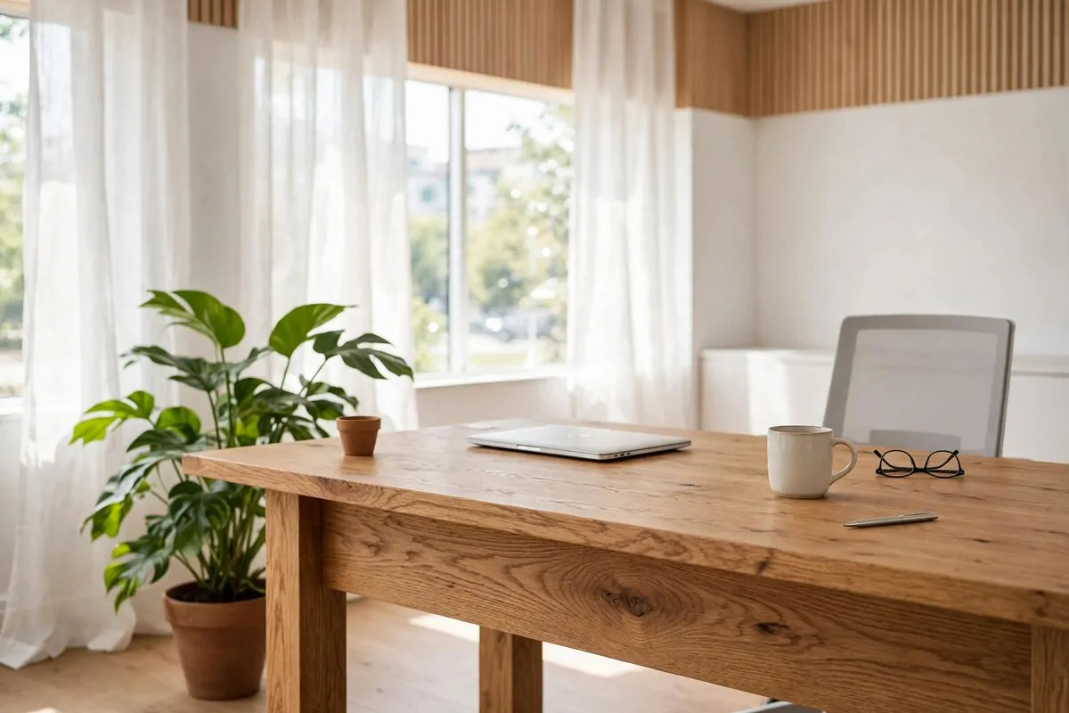 22 Green Office Ideas for a Fresh, Calming Workspace 3 Oak wood desk with a green plant in a bright office