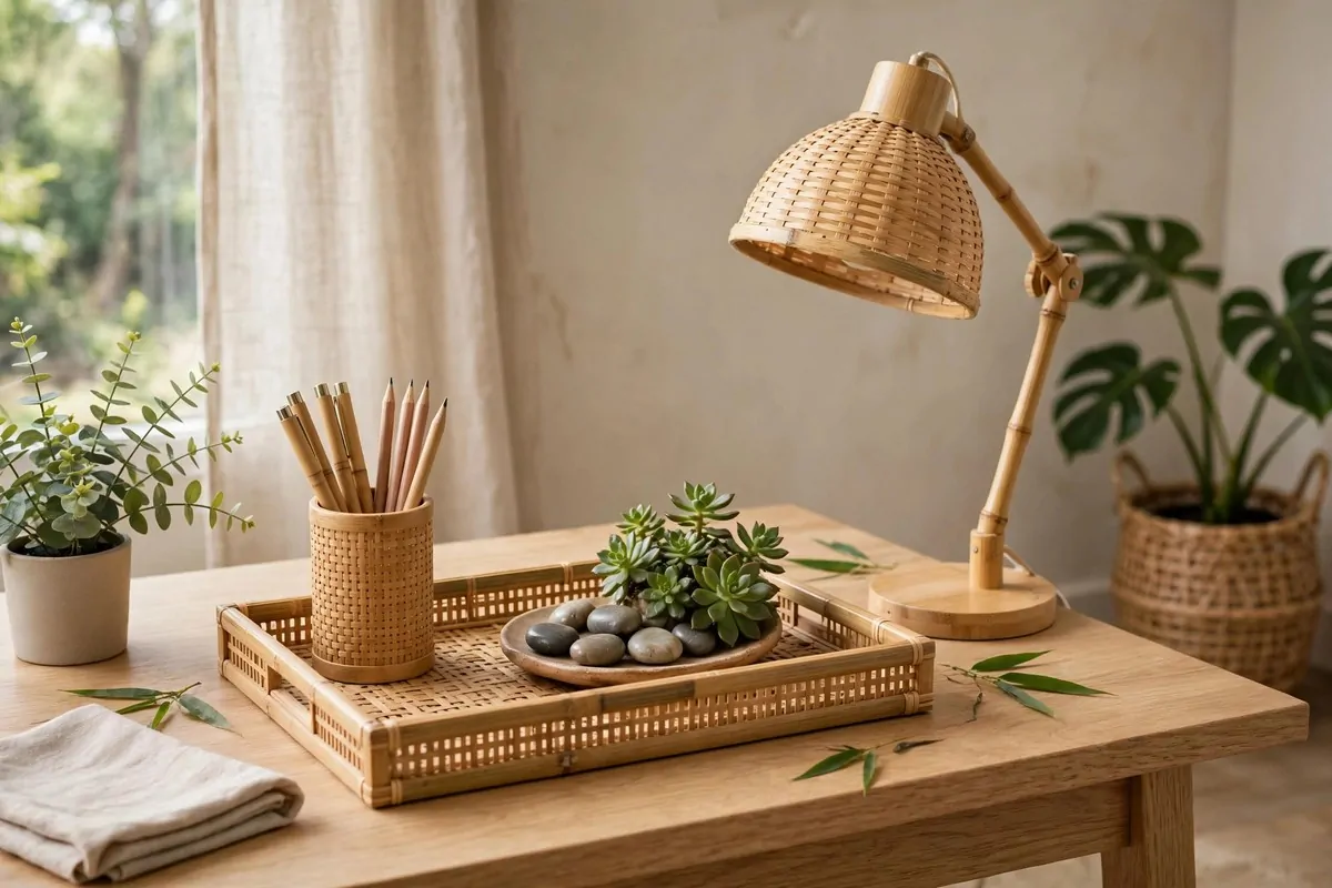 22 Green Office Ideas for a Fresh, Calming Workspace 4 Desk styled with bamboo tray, pen holder and lamp
