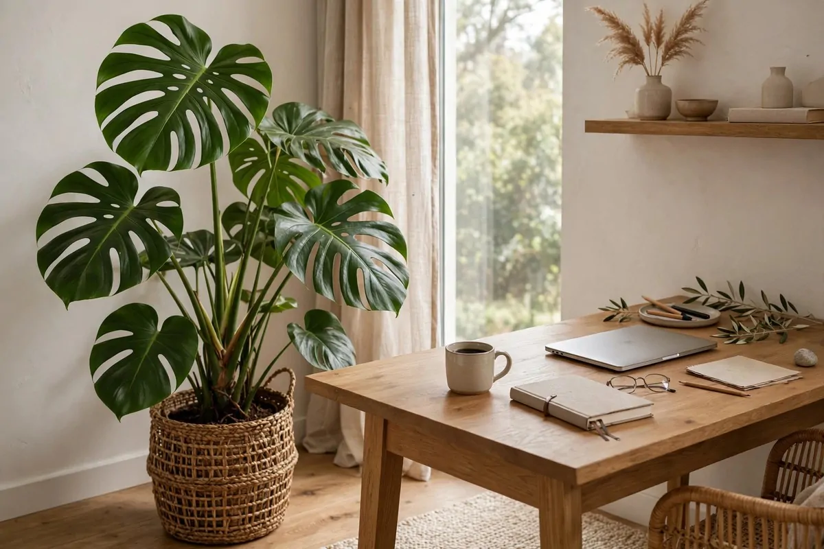 22 Green Office Ideas for a Fresh, Calming Workspace 5 Large monstera plant in a pot beside a desk