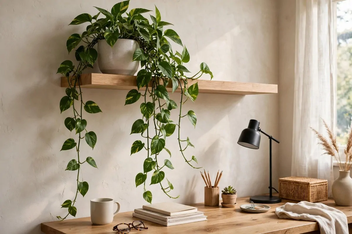 22 Green Office Ideas for a Fresh, Calming Workspace 6 Trailing pothos hanging from a floating shelf