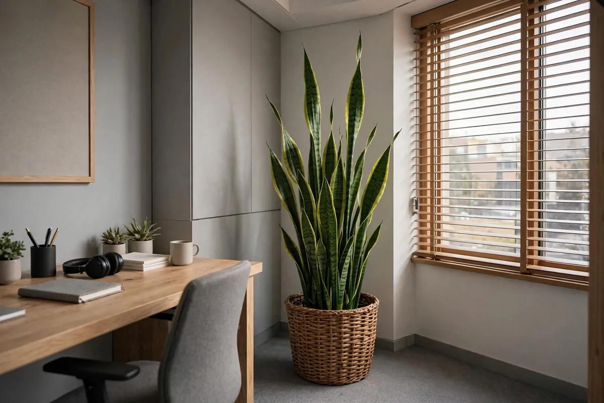 22 Green Office Ideas for a Fresh, Calming Workspace 7 Tall snake plant in a woven basket in a corner