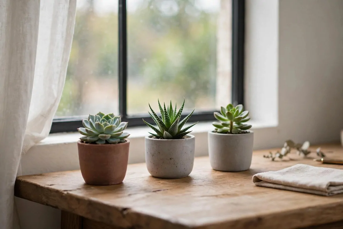 22 Green Office Ideas for a Fresh, Calming Workspace 8 Three small succulents in a row on a desk