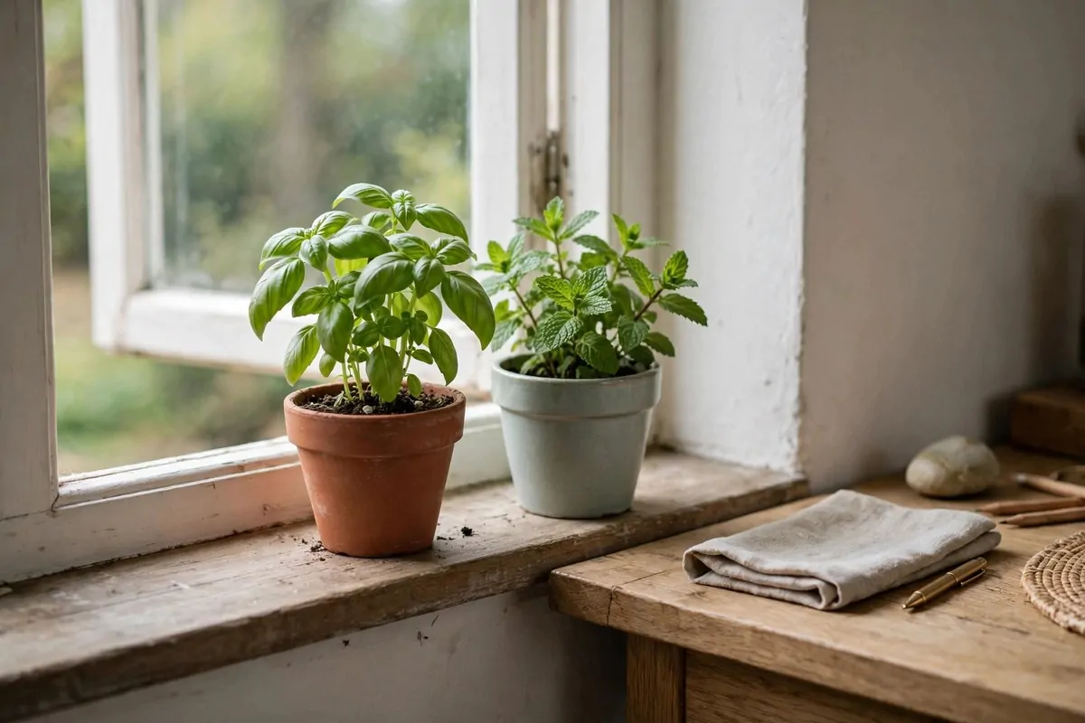 22 Green Office Ideas for a Fresh, Calming Workspace 9 Basil and mint pots on a windowsill by a desk