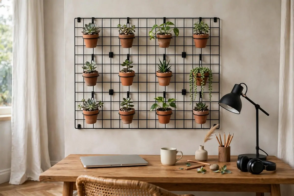 22 Green Office Ideas for a Fresh, Calming Workspace 10 Wall grid of small potted plants above a desk
