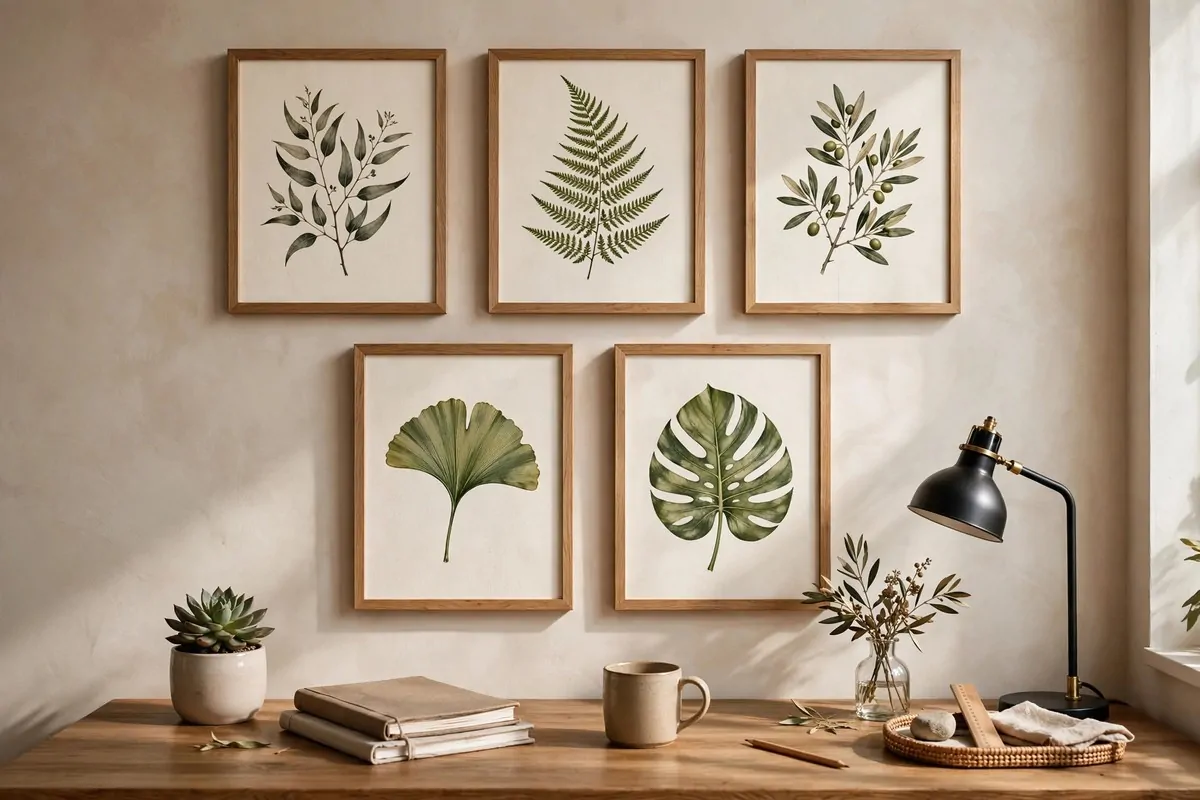 22 Green Office Ideas for a Fresh, Calming Workspace 11 Framed botanical leaf prints above a desk