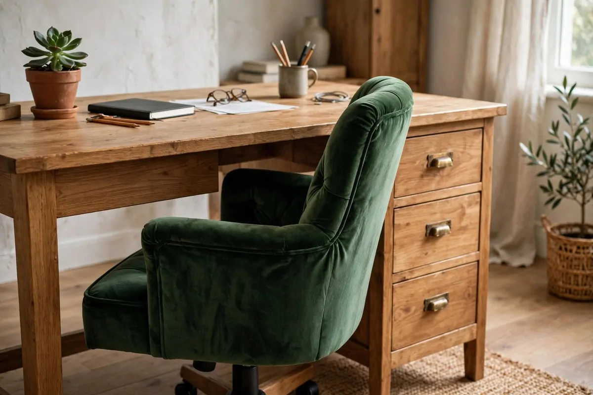 22 Green Office Ideas for a Fresh, Calming Workspace 12 Green velvet office chair under a wooden desk