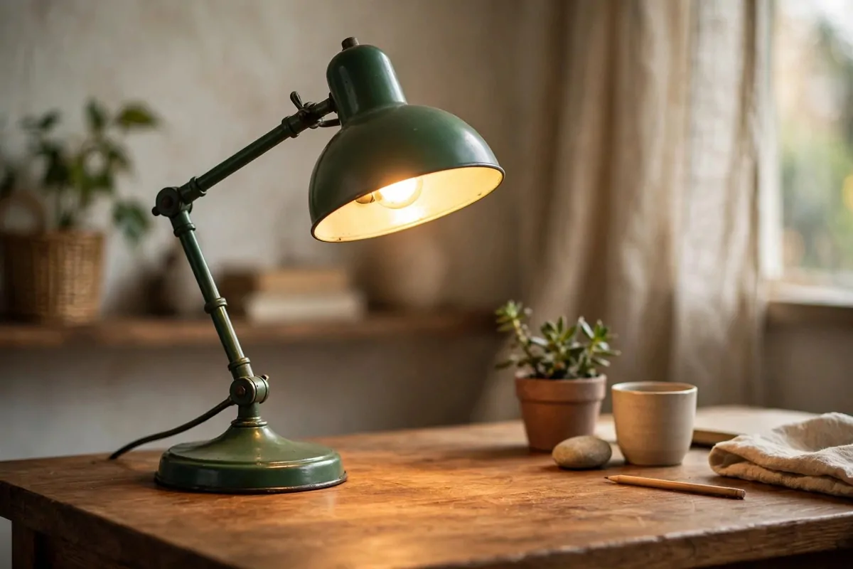 22 Green Office Ideas for a Fresh, Calming Workspace 13 Green metal desk lamp glowing on a wooden desk