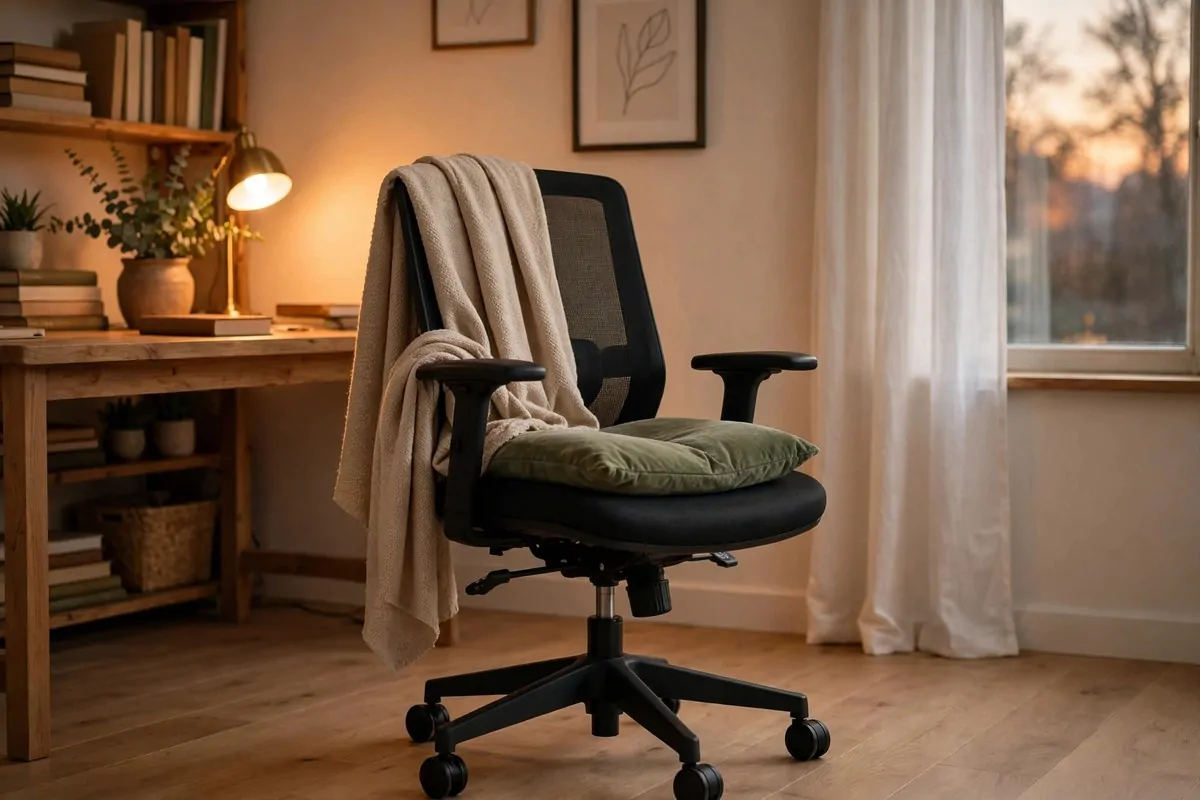 22 Green Office Ideas for a Fresh, Calming Workspace 14 Office chair with a beige throw and green cushion
