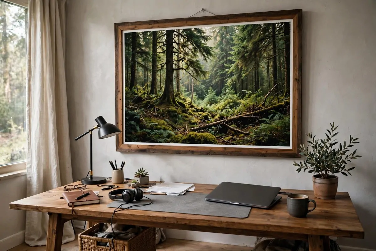 22 Green Office Ideas for a Fresh, Calming Workspace 15 Large framed forest photograph above a desk