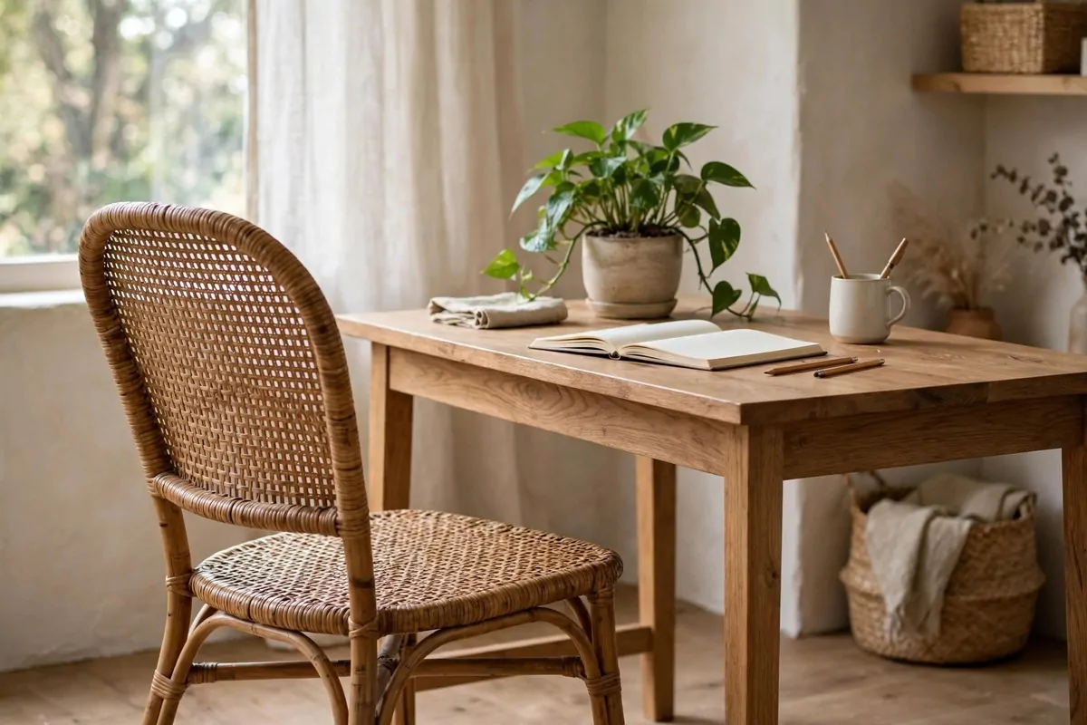 22 Green Office Ideas for a Fresh, Calming Workspace 16 Rattan woven office chair at a wooden desk