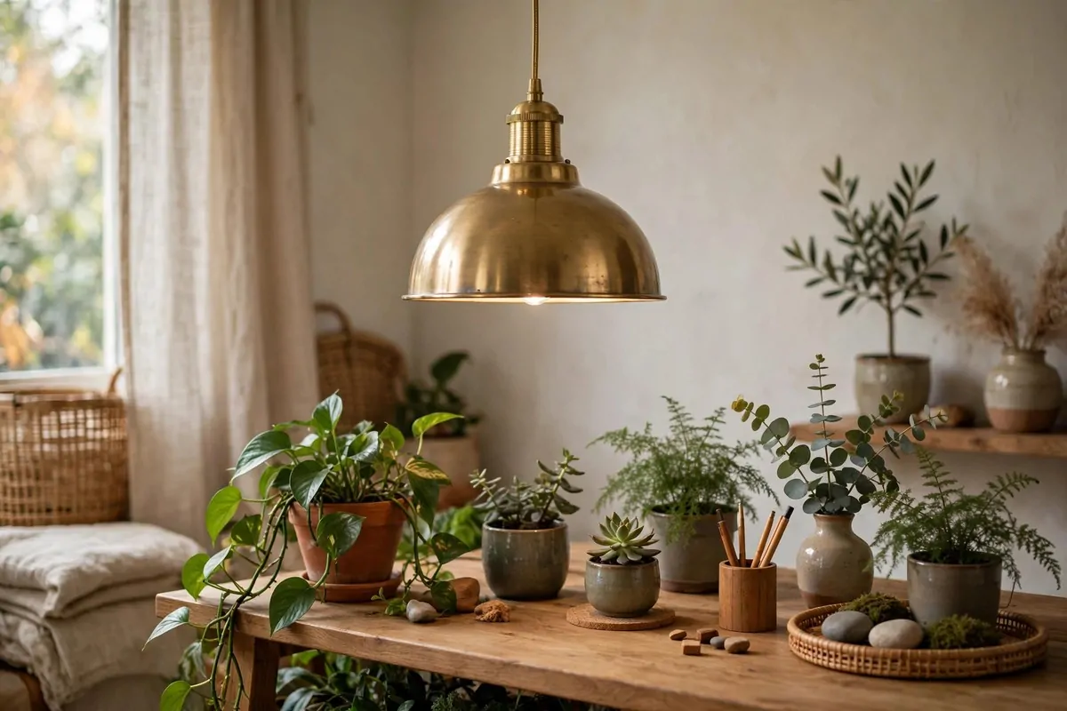 22 Green Office Ideas for a Fresh, Calming Workspace 17 Brass pendant light hanging over a desk