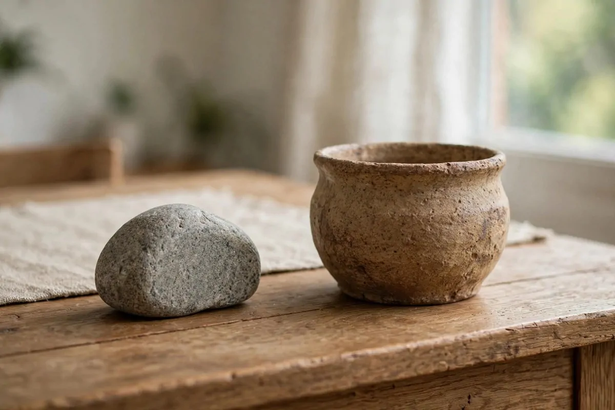 22 Green Office Ideas for a Fresh, Calming Workspace 18 Stone paperweight and ceramic pot on a desk