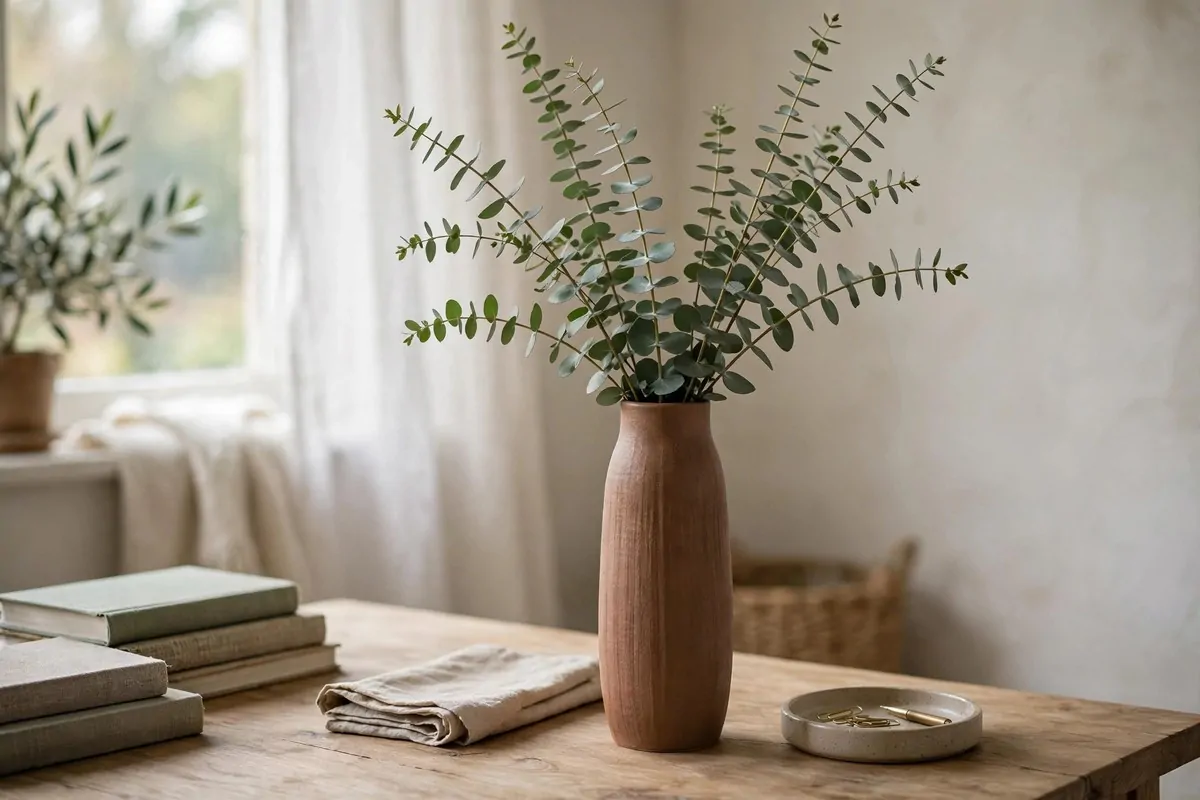 22 Green Office Ideas for a Fresh, Calming Workspace 19 Tall vase with eucalyptus sprigs on a desk
