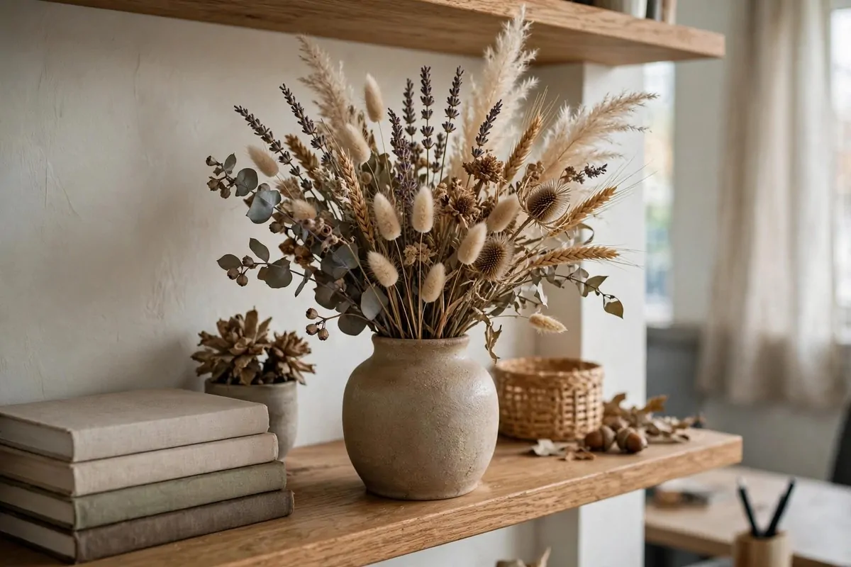 22 Green Office Ideas for a Fresh, Calming Workspace 20 Dried flowers in a vase on an office shelf