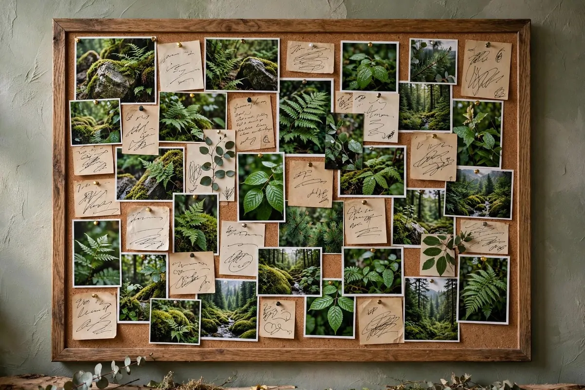 22 Green Office Ideas for a Fresh, Calming Workspace 21 Pinboard covered with green nature images and notes