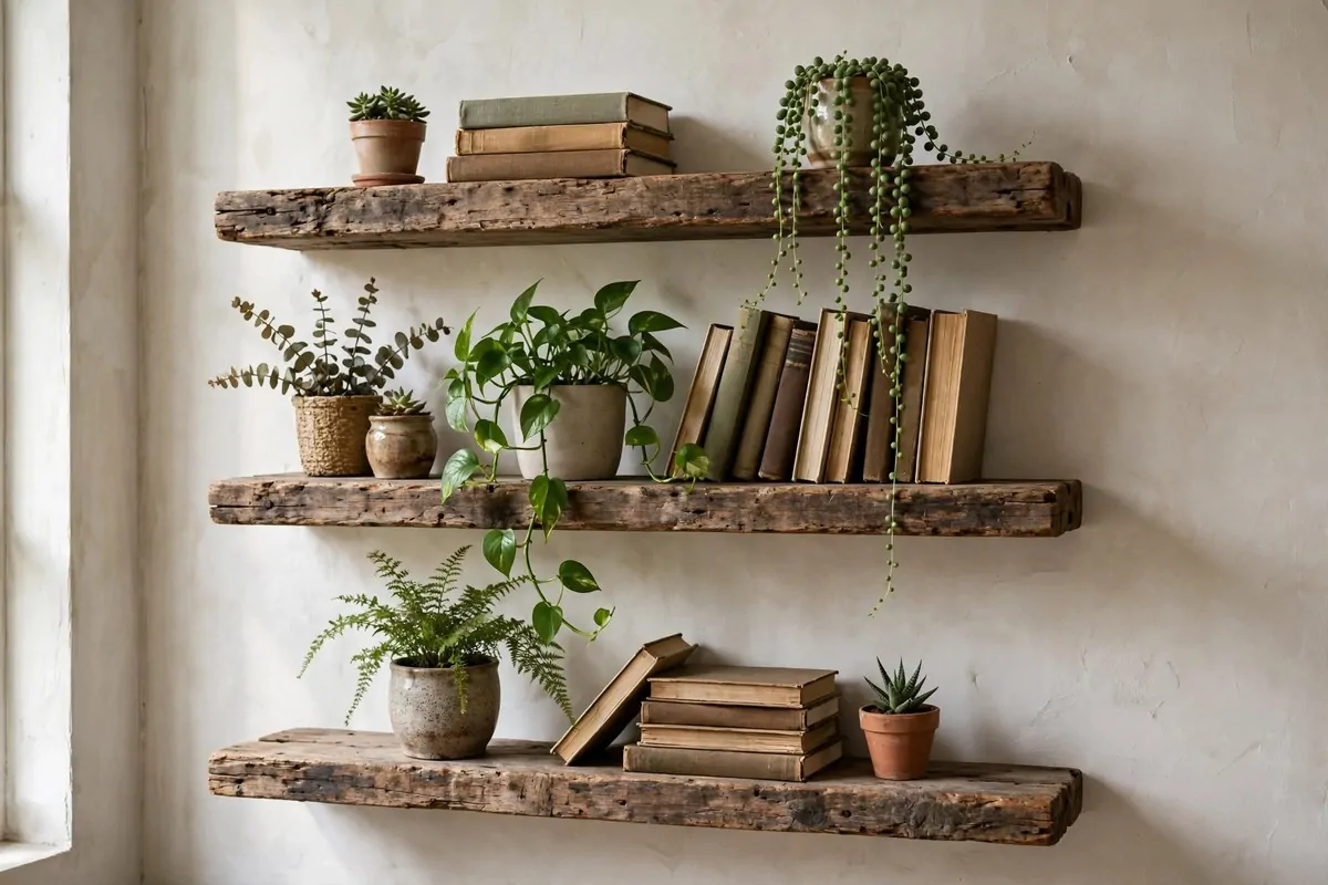 22 Green Office Ideas for a Fresh, Calming Workspace 22 Reclaimed wood shelves on a wall holding plants and books
