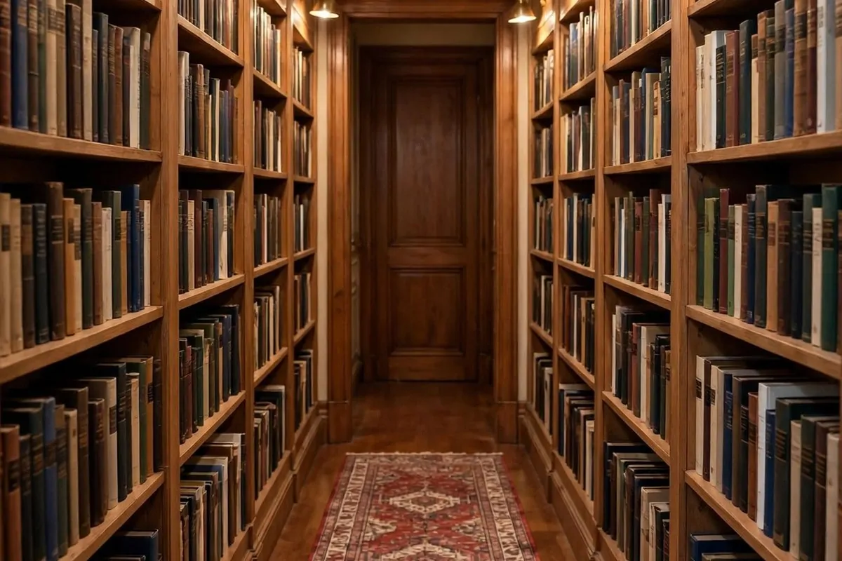 22 Home Library Ideas Cozy Enough to Get Lost In 1 Narrow hallway lined with shallow wooden bookshelves and warm picture lights