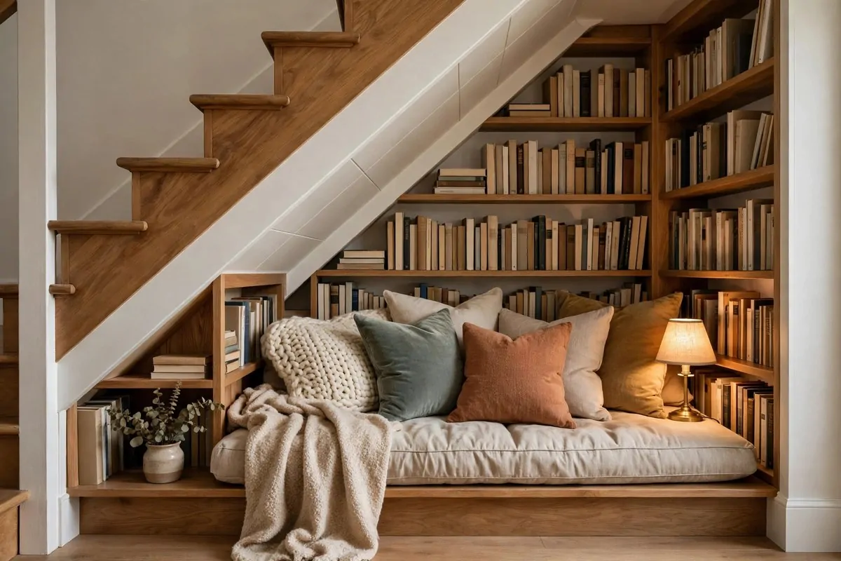 22 Home Library Ideas Cozy Enough to Get Lost In 2 Cozy reading nook under a staircase with built-in shelves and cushions