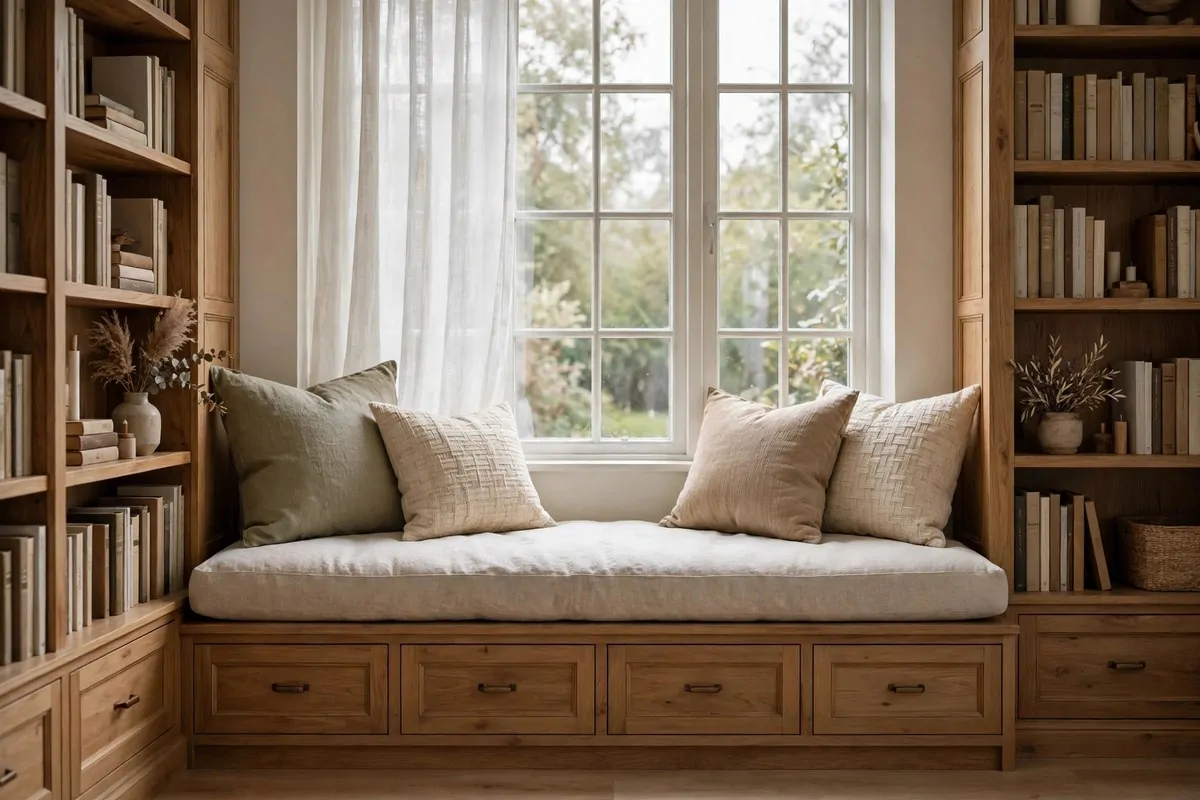 22 Home Library Ideas Cozy Enough to Get Lost In 3 Built-in window seat with cushion surrounded by bookshelves