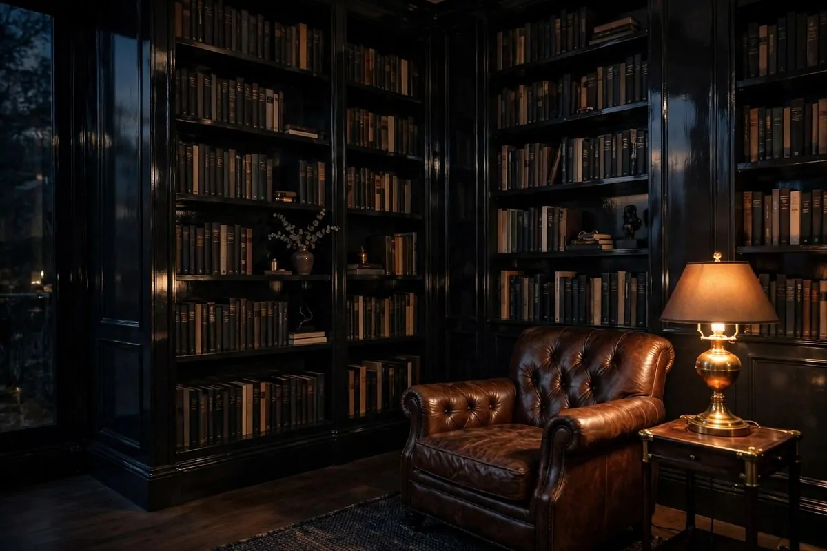 22 Home Library Ideas Cozy Enough to Get Lost In 4 Home library with glossy black walls, tall bookshelves and a warm brass lamp