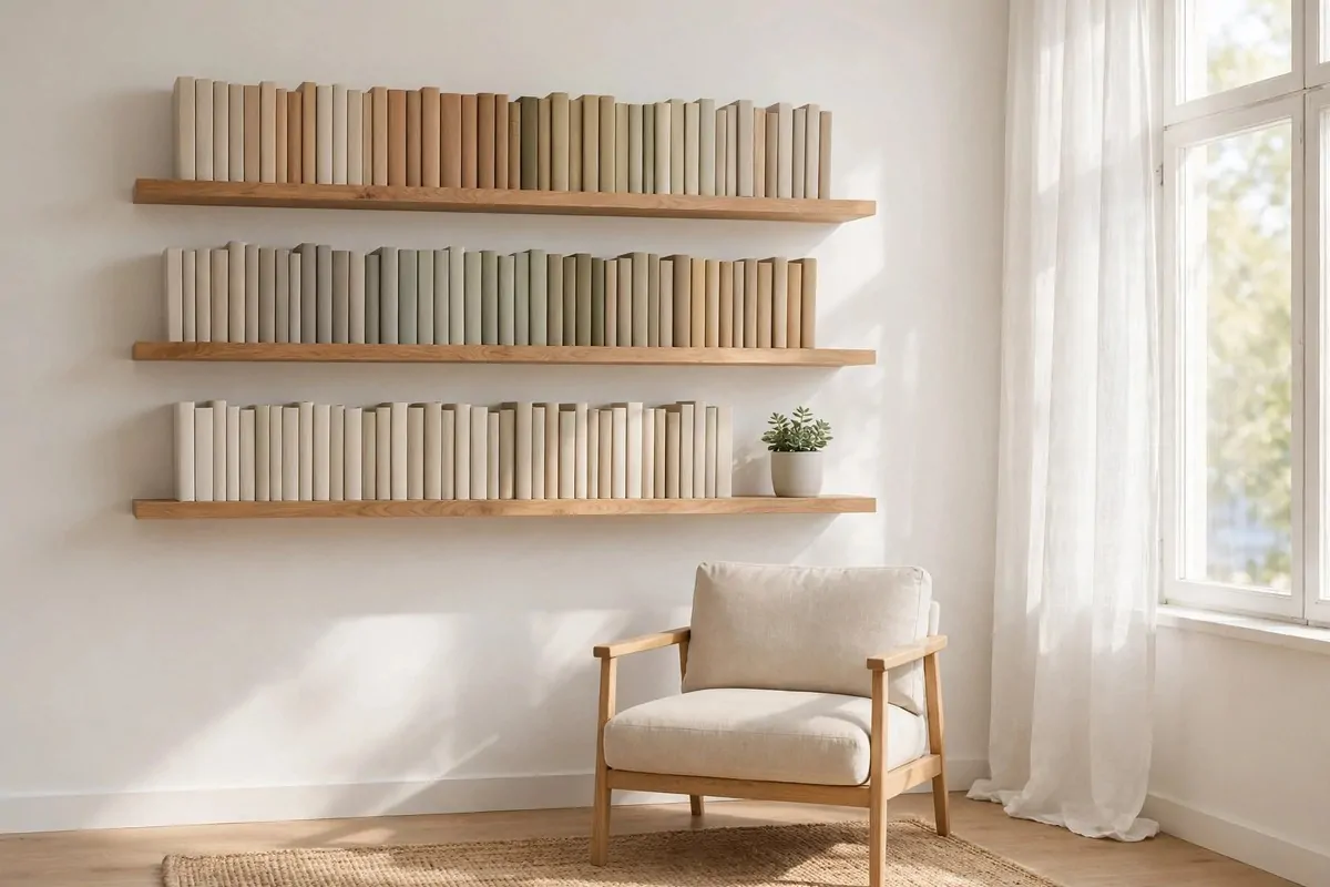 22 Home Library Ideas Cozy Enough to Get Lost In 5 Bright wall with floating wooden shelves of books above an armchair