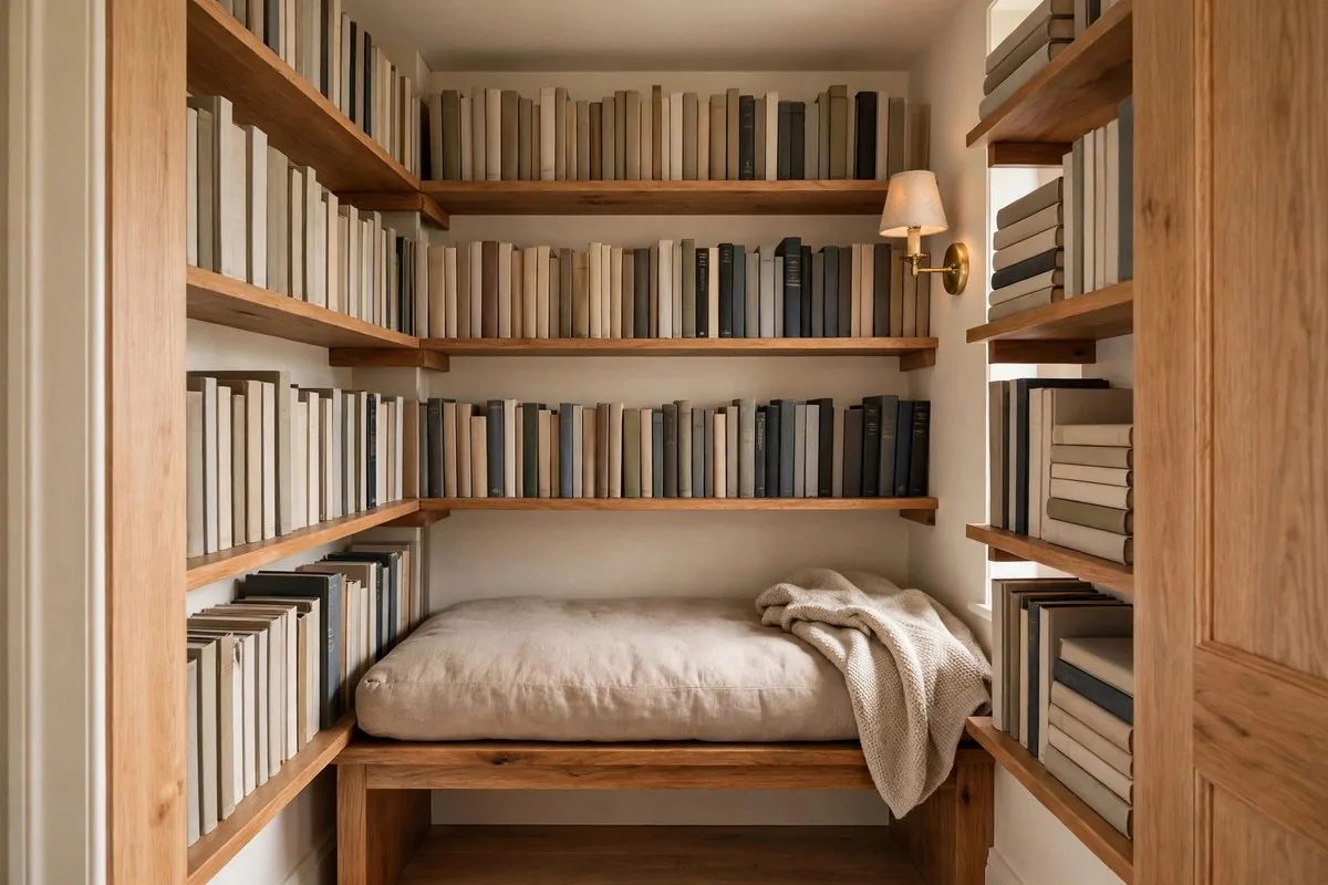 22 Home Library Ideas Cozy Enough to Get Lost In 6 Small closet converted into a mini library with bench seat and shelves