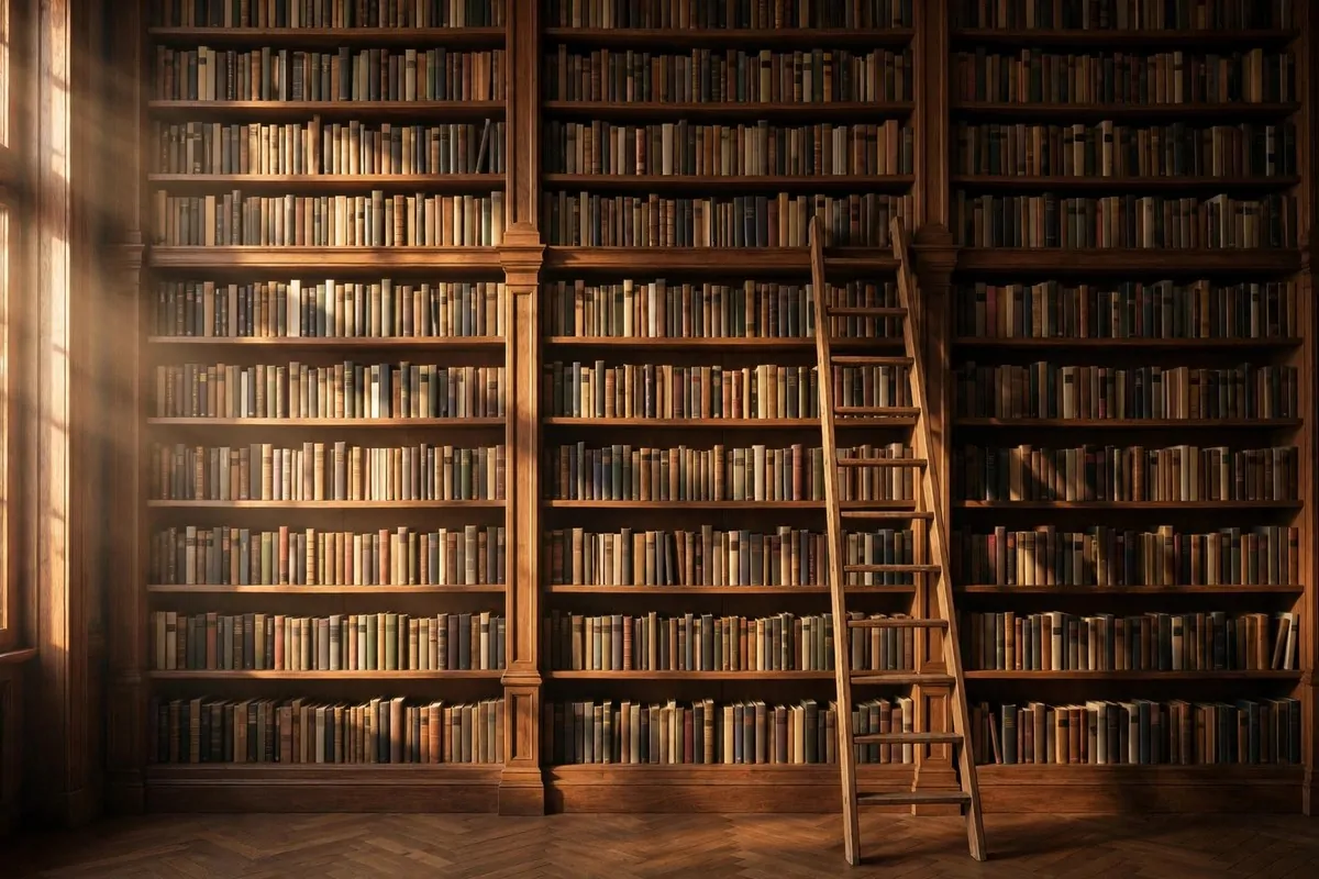 22 Home Library Ideas Cozy Enough to Get Lost In 8 Tall wooden book wall with a step ladder leaning against it