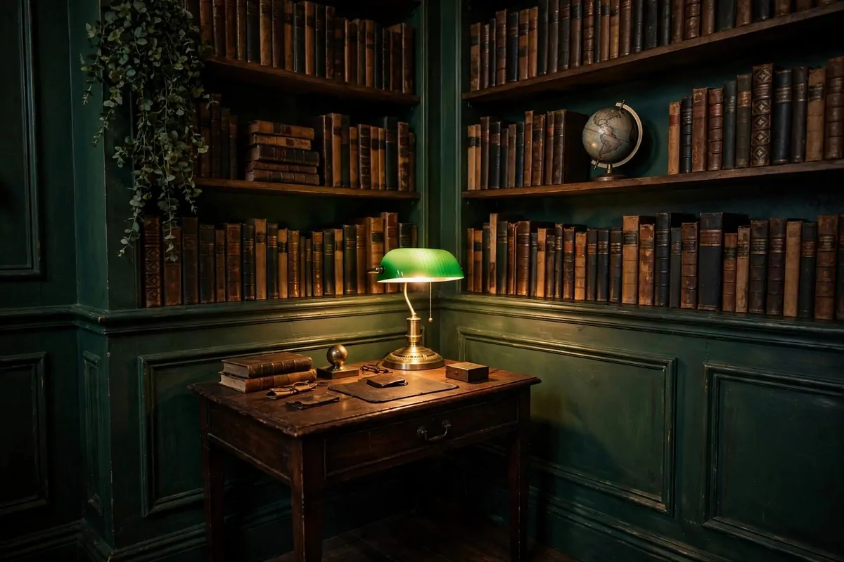 22 Home Library Ideas Cozy Enough to Get Lost In 9 Moody library corner with deep green walls and a vintage green-glass lamp